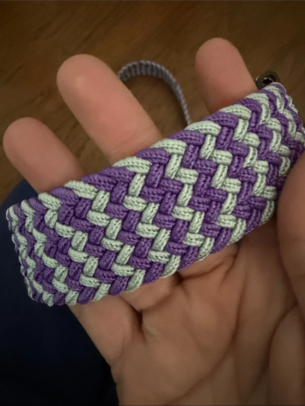 Purple and White Braided Stretch Belt with Brown Leather Trim